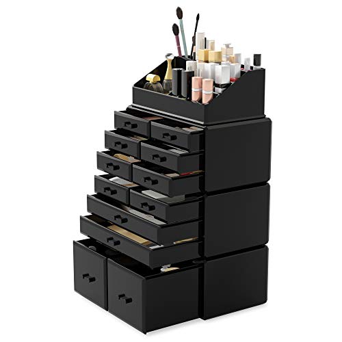 READAEER Makeup Cosmetic Organizer Storage Drawers Display Boxes Case with 12 Drawers (Black)