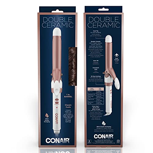 Conair Double Ceramic 1-Inch Curling Iron, 1-inch barrel produces classic curls – for use on short, medium, and long hair