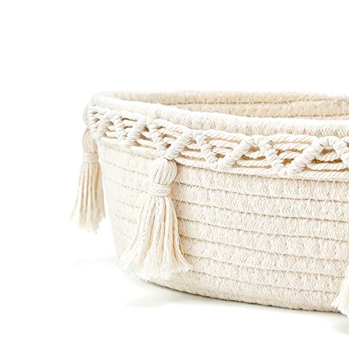 Mkono Small Macrame Storage Basket for Toilet Tank Top Boho Bathroom Decor Woven Cotton Rope Back of Toilet Organizer Tray for Counter Shelf Table Bedroom Living Room Nursery, Ivory, 1 Pack