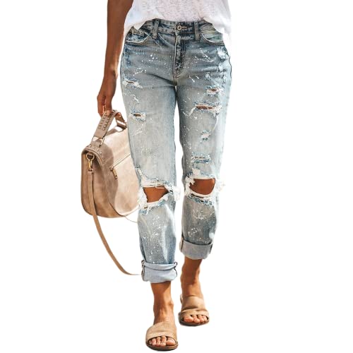 DIFIUPAI Womens Ripped Boyfriend Baggy Mom Denim Jeans(Light Blue,Splatter Paint,Mid Waisted)