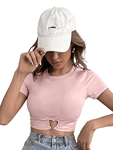 SOLY HUX Women's Summer Crop Top Short Sleeve T Shirt Cut Out Tee Light Pink M