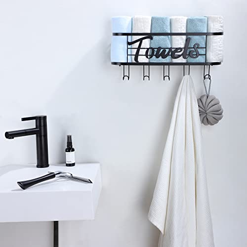 Towel Rack Wall Mounted - Rolled Towel Holder with 5 Towel Hooks, Organizer Bath Sheet and Hanging Towel - DELITON Black Bathroom Decor Storage Series