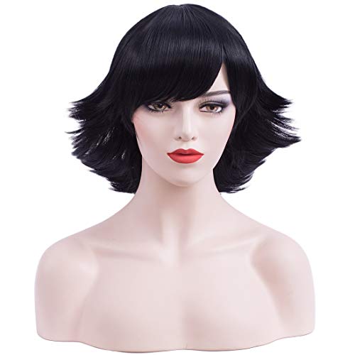 PATTNIUM Black Flip Wig Short Black Bob Wig with Bangs Women 's Black Costume Party Cosplay Black Retro Wig for Girls (Black)