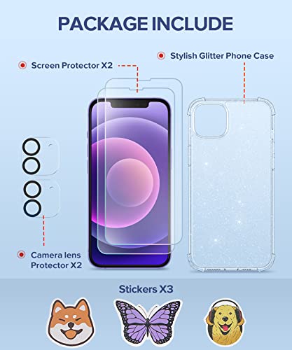 BERFY for iPhone 12 Case Glitter, with 2 Pack Screen Protector + 2 Pack Camera Protector, [Non-Yellowing] Sparkly Crystal Shockproof Bumper Phone Case for Women Girls Slim Cover 6.1", Glitter Clear