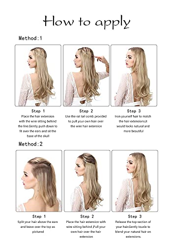 SARLA Highlight Invisible Wire Hair Extension Ash Medium Brown / Ash Blonde Adjustable Transparent Headband Wavy Curly Long Synthetic Hairpiece 18 Inch for Women No Clip