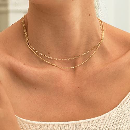 CHESKY Gold Choker Dainty Layered Necklaces for Women, 14k Gold Plated Beaded Choker Layering Satellite Paperclip Chain Necklace, Minimalist Simple Layered Bead Double Necklaces Jewelry Gift