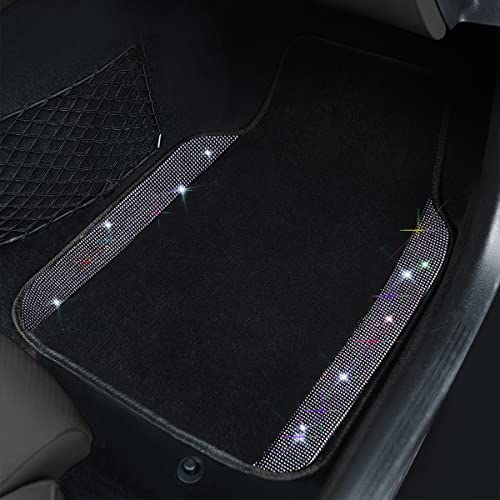 CAR PASS Shining Rhinestones Carpet, Bling Crystal Diamond Sparkly Glitter Car Floor Mats with Anti-Slip PVC Heel Pad Automotive Universal for SUV,Sedan,Car,Van,4pcs for Girl Women (Black Silver)