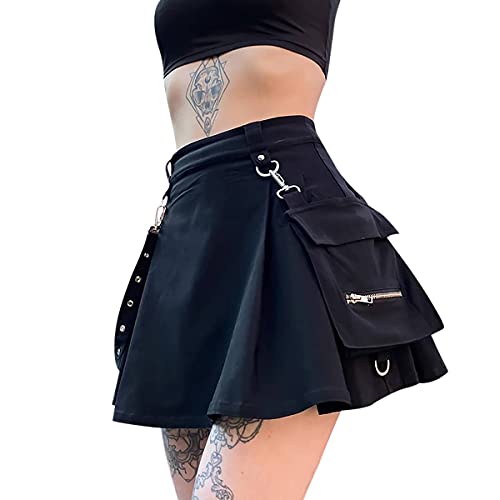 Ruolai Goth Black Pleated Mini Skirt with Chain High Waisted Tennis Skirt Black L