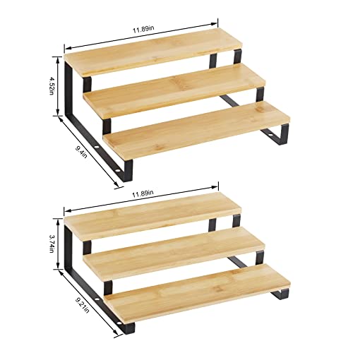 YBING Spice Rack Organizer 3 Tier Bamboo Expandable Step Shelf Set of 2 Home Kitchen Cabinet Organizer Space Saver for Countertop Cupboard Bathroom Bedroom