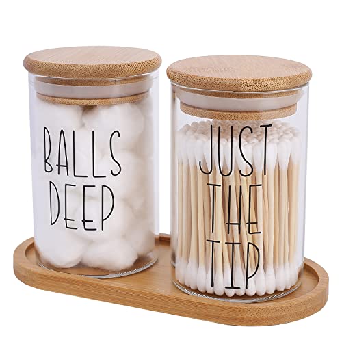 MOMEEMO Funny Qtip Holder and Cotton Ball Holder Set for Bathroom Organization. Apothecary Jars with Bamboo Tray are Great for Farmhouse Bathroom Decor, Rustic Bathroom Decor. (Glass&Tray)