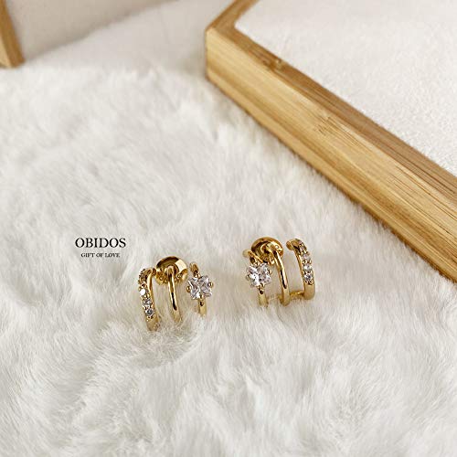 Obidos 14K Gold Plated Triple Huggie Illusion Stud Earrings | Gold Hoop Earrings for Women (Triple Huggie Stud Earring A)