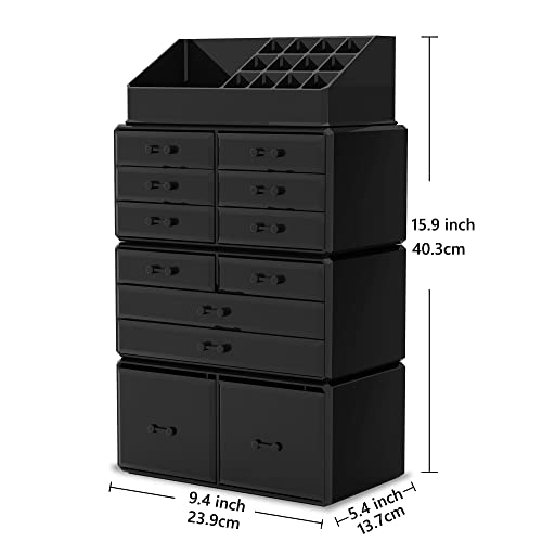 READAEER Makeup Cosmetic Organizer Storage Drawers Display Boxes Case with 12 Drawers (Black)