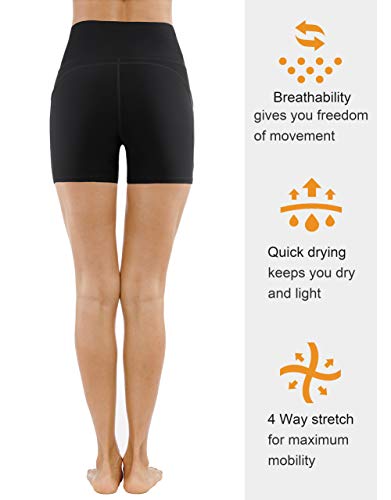 THE GYM PEOPLE High Waist Yoga Shorts for Women Tummy Control Fitness Athletic Workout Running Shorts with Deep Pockets (Small, Black)