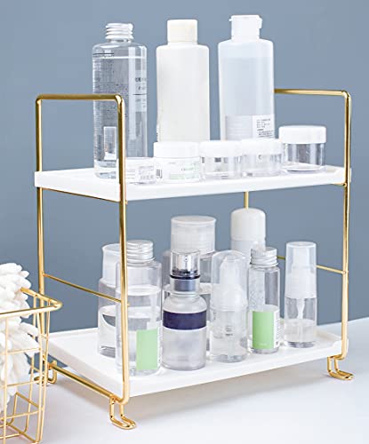 FSyueyun 2-Tier Makeup Shelf Organizer, Kitchen Spice Rack or Bathroom Countertop Organizer Vanity Bedroom Storage Tray (Gold)