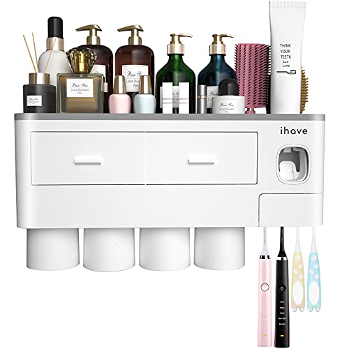 iHave Toothbrush Holders for Bathrooms, 4 Cups Toothbrush Holder Wall Mounted with Toothpaste Dispenser, Large Capacity Tray, 2 Cosmetic Drawer and 7 Brush Slots with Cover Tooth Brush Holder