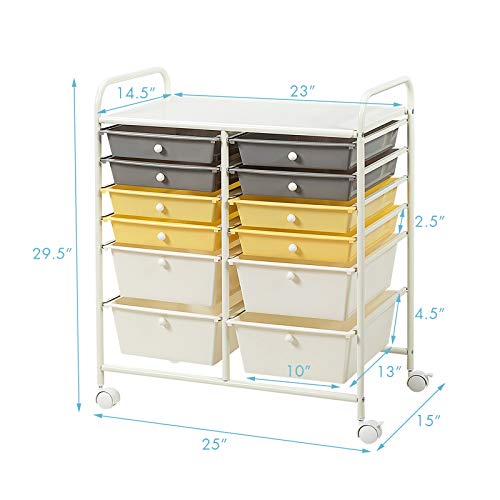 RELAX4LIFE Storage Cart W/12 Drawers Rolling Wheels Semi-Transparent Multipurpose Mobile Rolling Utility Cart for School, Office, Home, Beauty Salon Files Arrangement Storage Organizer Cart (Yellow)