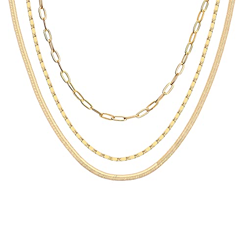 PAVOI 14K Gold Plated Layered Triple Chain Necklace | 925 Sterling Silver Fashion Necklaces | 0.55mm 0.65mm 0.7mm Thick Yellow Gold Layered Jewlery for Women