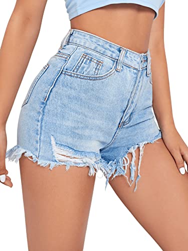 SweatyRocks Women's High Waist Denim Shorts Ripped Raw Hem Jean Shorts Casual Summer Hot Pants with Pockets Light Wash M