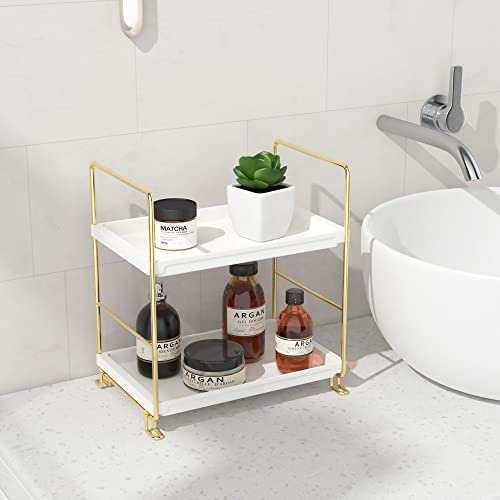 FSyueyun 2-Tier Makeup Shelf Organizer, Kitchen Spice Rack or Bathroom Countertop Organizer Vanity Bedroom Storage Tray (Gold)