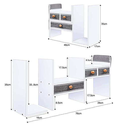 X-cosrack Wood Expandable Desktop Bookshelf Counter Bookcase Adjustable with Drawers Desktop Shelves Rack Storage Organizer for Office Supplies,Makeup,White.Petent Pending