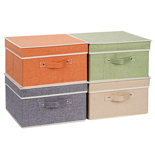Livememory 4 Pack Decorative Storage Boxes with Lids - Linen Small Storage Bins with lids 13.5" L x 13" W x 7.3" H