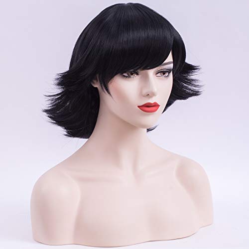 PATTNIUM Black Flip Wig Short Black Bob Wig with Bangs Women 's Black Costume Party Cosplay Black Retro Wig for Girls (Black)