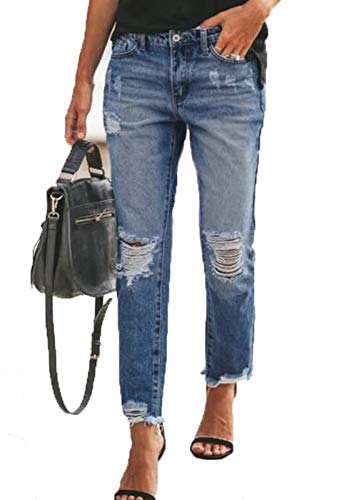 Sidefeel Women's Boyfriend Jeans Loose Stretchy Ripped Distressed Denim Pants Large Sky Blue