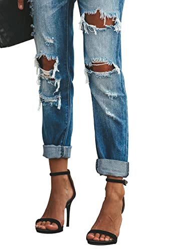 KUNMI Women's Ripped Mid Waisted Boyfriend Jeans Loose Fit Distressed Stretchy Denim Pants