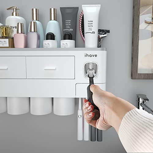 iHave Toothbrush Holders for Bathrooms, 4 Cups Toothbrush Holder Wall Mounted with Toothpaste Dispenser, Large Capacity Tray, 2 Cosmetic Drawer and 7 Brush Slots with Cover Tooth Brush Holder