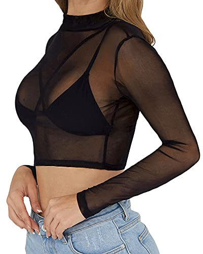 MANGOPOP Women's Short Sleeve Long Sleeve Sheer Mesh Crop Tops Tee Shirt Blouse (0-1058 (Black), Small)