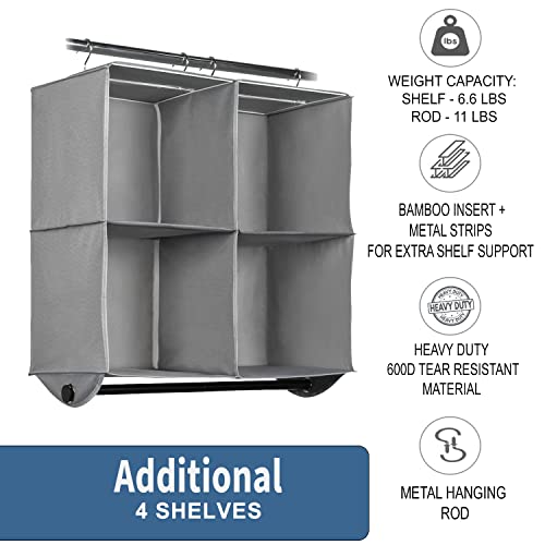 Hanging Closet Organizers with 4 Shelves - Closet Storage and RV Closet Organizer - Grey with Black Metal Rod - 24” W x 12” D x 29-1/2” H - Perfect for College Dorms