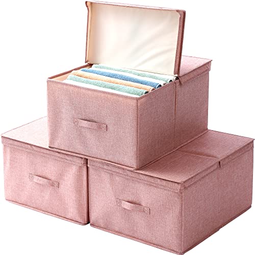 FIHAP Closet Organizer Collapsible Pink Storage Bins with Lids Sturdy Fabric Containers Cubes Stackable Box for Clothes Bedroom Blankets Toys, 3 Pack