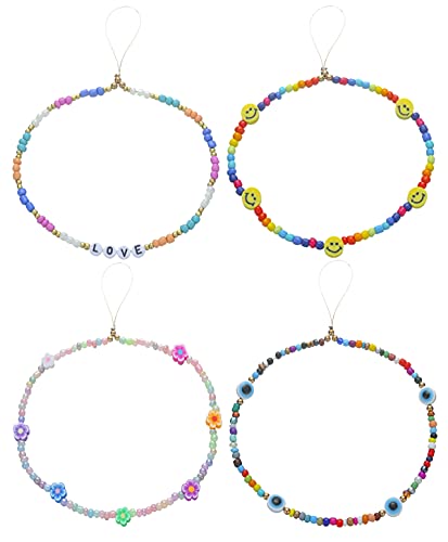 Taouzi 6PCS Beaded Phone Lanyard Wrist Strap Face Beaded Phone Charm Fruit Star Pearl Rainbow Color Beaded Phone Chain Strap for Women Girls