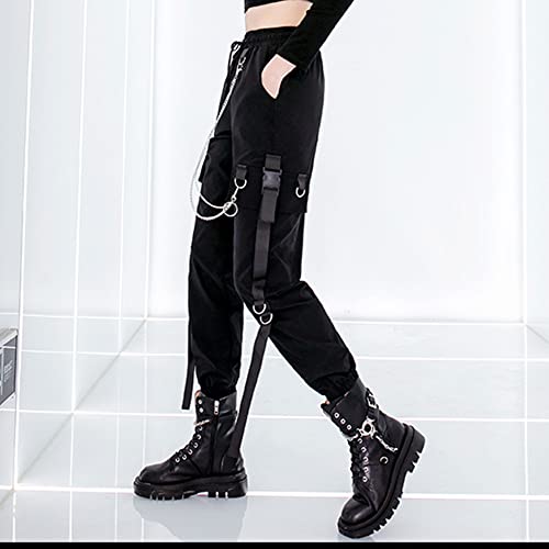 MEINVQIAOTI Black Cargo Pants for Women Techwear Women Loose Street Rock Style Casual Black Pants with Chain Goth Pants M