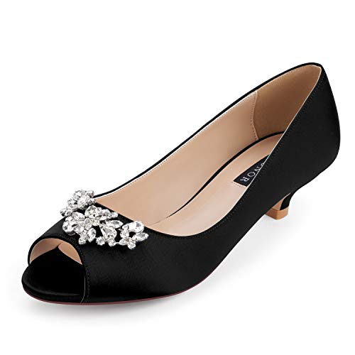 ERIJUNOR E0111 Women Comfort Low Kitten Heels Rhinestones Peep Toe Wedding Evening Party Shoes Dress Pumps Black Size 9