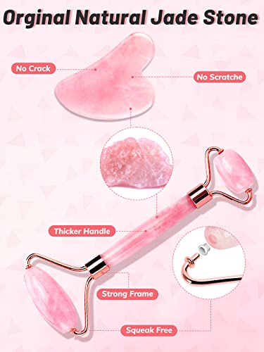 Deciniee Jade Roller and Gua Sha Set - Anti Aging Rose Quartz Face Roller Massager & Guasha Tool for Face, Eye, Neck - Natural Beauty Skin Care Tools Body Muscle Relaxing Relieve Wrinkles