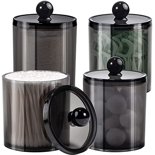 SheeChung 4 Pack Plastic Acrylic Bathroom Vanity Countertop Canister Jars with Storage Lid, Apothecary Jars Qtip Holder Makeup Organizer for Cotton Balls,Swabs,Pads,Bath Salts (Black, 15 Oz)