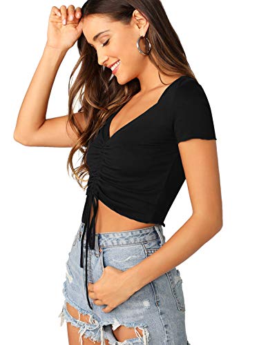 Verdusa Women's Ruched Drawstring Front V Neck Crop Tee Top Black M