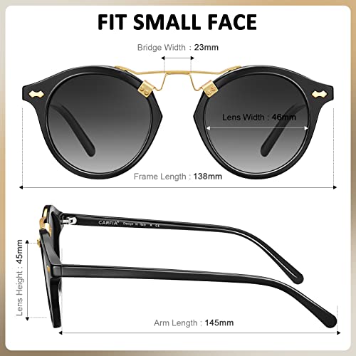 Carfia Small Black Acetate Polarized Sunglasses for Women UV Protection, Retro Double Bridge Eyewear Metal Brow Sunnies