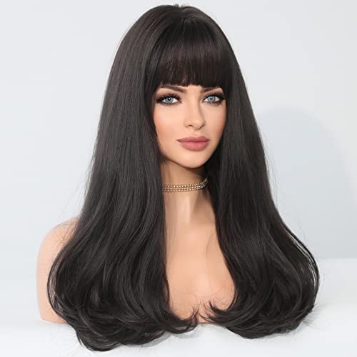 PARK YUN Black Wig with Bangs, 22 inch Long Wavy Wig for Women Heat Resistant Fiber Synthetic Wigs for Daily Party Use