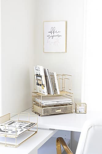 BLU MONACO Gold Desk Accessories and Workspace Organizers, Desktop Organizer - Cute File Organizer for Desk and Drawer Storage for Office Supplies, Paper, Device and Folders - File Holder