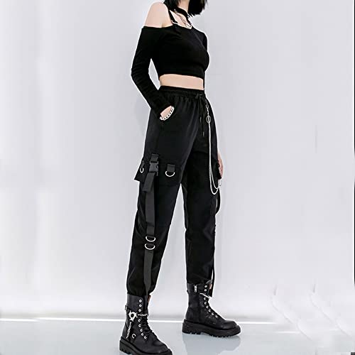 MEINVQIAOTI Black Cargo Pants for Women Techwear Women Loose Street Rock Style Casual Black Pants with Chain Goth Pants M