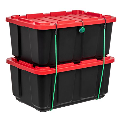 IRIS USA 27 Gallon Large Heavy-Duty Storage Plastic Bin Tote Organizing Container with Durable Lid, Black/Red, 4 Pack