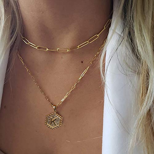 Gold Layering Initial Necklaces for Women, 14K Gold Plated Paperclip Chain Necklace for Women Simple Cute Hexagon Letter Pendant Initial K Necklace Choker Necklaces Dainty Layered Necklaces for Women