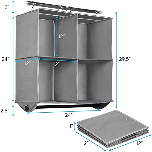 Hanging Closet Organizers with 4 Shelves - Closet Storage and RV Closet Organizer - Grey with Black Metal Rod - 24” W x 12” D x 29-1/2” H - Perfect for College Dorms