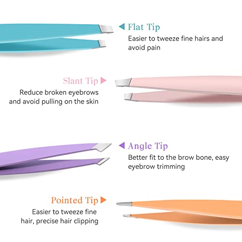 Tweezers Set-6 Pieces Professional Stainless Steel Tweezers with Leather Case for Women and Men Slanted and Pointed for Eyebrows, Facial Hair, Ingrown Hair and Blackheads Removal