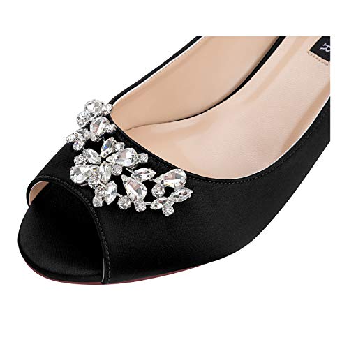 ERIJUNOR E0111 Women Comfort Low Kitten Heels Rhinestones Peep Toe Wedding Evening Party Shoes Dress Pumps Black Size 9