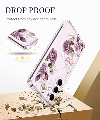 GVIEWIN Compatible with Samsung Galaxy S23 Plus Case with Screen Protector+Camera Lens Protector, Slim Shockproof Clear Floral Pattern Phone Protective Cover for Women 6.6" (Cherry Blossoms/Purple)