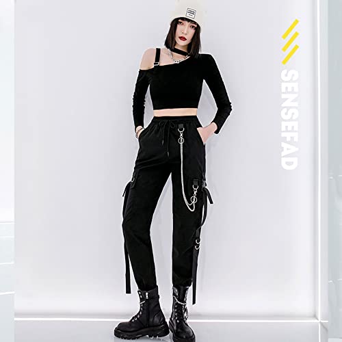 MEINVQIAOTI Black Cargo Pants for Women Techwear Women Loose Street Rock Style Casual Black Pants with Chain Goth Pants M