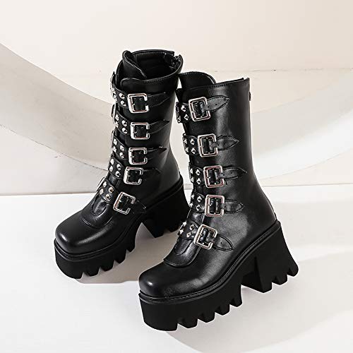 DETOGNI Women's Fashion Studded Chunky Heels Round Toe Mid Calf Biker Boots Classic Rivet Buckle Trims Back Zipper Thick Sole Goth Platform Boots (Black US11)